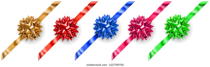 Set of multicolored bows made of shiny ribbon with shadows on white background, arranged diagonally