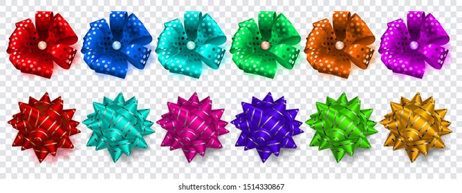 Set of multicolored bows made of shiny ribbons with shadows