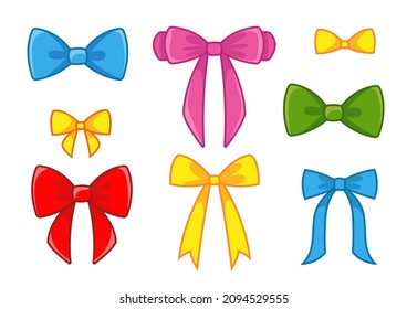 Set of multi-colored bows and ribbons. Vector illustration of a princess accessory in cartoon childish style. Isolated cute clipart on a white background. Colored art with an outline