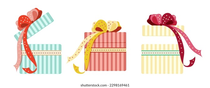 Set of multicolored boxes gifts with colorful ribbons. Hand painted cartoon isolated design element on white background to design greeting cards, baby shower, birthday, holiday. Vector illustration. 