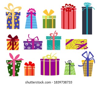 Set with multi-colored boxes of gifts. Vector illustration on a white background. Bright illustration for packaging, holidays, decor, discounts. 