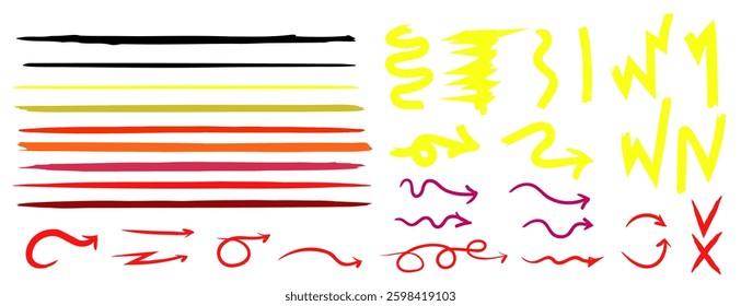 Set of multi-colored bright brushes and elements for notes, highlighting and underlining in
text