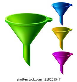Set of multicolored bright funnels isolated on white background. Vector illustration.