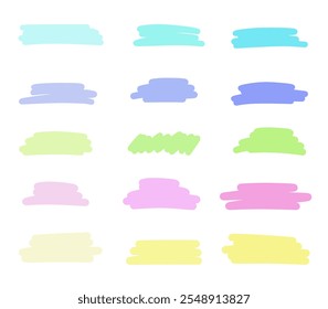 Un conjunto de trazos de pincel multicolores, puntos abstractos alargados Horizontales vacíos, marcos, fondos, garabatos, Vector. Elemento decorativo para el diseño con texto, etiquetas, fondo, campos de texto