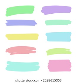 Un conjunto de pinceladas multicolores en tonos pastel, diseño plano aislado sobre un fondo blanco, Vector. Un elemento decorativo para un diseño con texto, fondo y decoración. Abstractas rectangular