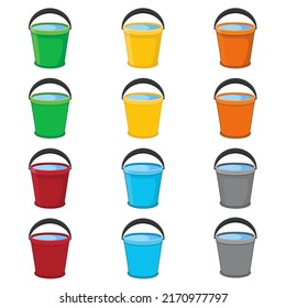 Set of multicolored buckets of water with a black handle raised up. Cartoon buckets with and without shadow. Water pails, metal and plastic buckets. Buckets filled water for garden or cleaning house.