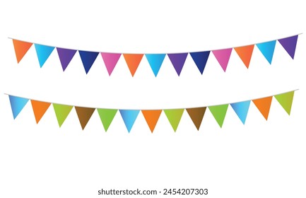 conjunto de banderas de guirnaldas de buntings multicolores sobre fondo blanco.