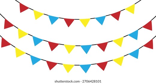 Conjunto de multicolorido buntings guirlandas bandeiras isoladas em fundo branco. guirlandas coloridas de carnaval e bunting. confete festivo colorido carnaval. grinalda de carnaval com bandeiras para decoração festiva.