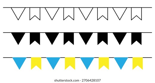 Conjunto de multicolorido buntings guirlandas bandeiras isoladas em fundo branco. guirlandas coloridas de carnaval e bunting. confete festivo colorido carnaval. grinalda de carnaval com bandeiras para decoração festiva.