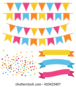 Set of Multicolored Buntings Garlands Flags Confetti and Ribbons Isolated on White Background