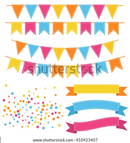 Set of Multicolored Buntings Garlands Flags Confetti and Ribbons Isolated on White Background