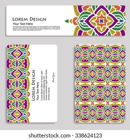 set of multicolored business card and header templates with hand drawn tribal ornament, mandala, for greeting, invitation card, or cover. Vector illustration