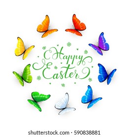 Set of multicolored butterflies arranged in a circle isolated on white background with lettering Happy Easter, illustration.