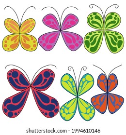 Conjunto de mariposas multicolores con alas manchadas brillantes, insectos voladores para la decoración ilustración vectorial