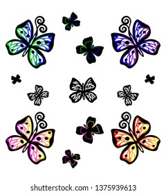 Set of multicolored butterflies of different sizes