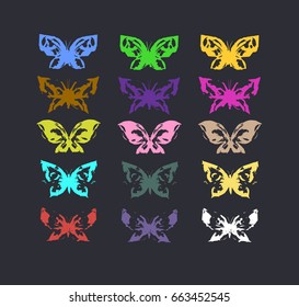 Set of multi-colored butterflies. Grunge effect. Vector illustration