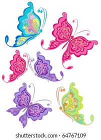 Set of multicolored butterflies isolated on a white background.