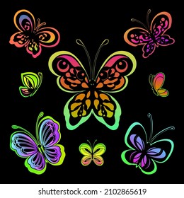 set of multi-colored butterflies on a black background