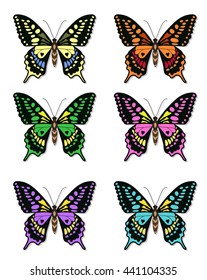 Set of multicolored butterflies on a white background, a collection of butterflies. Vector illustration. 
