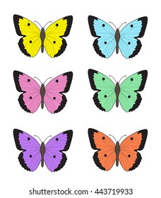 Set of multicolored butterflies on a white background, a collection of butterflies. Vector illustration