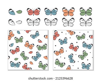Set with multicolored butterflies and two seamless textures on white background. Drawing with line-art. Texture for textiles, packaging, wallpaper, clothing. Hand drawn vector illustration.