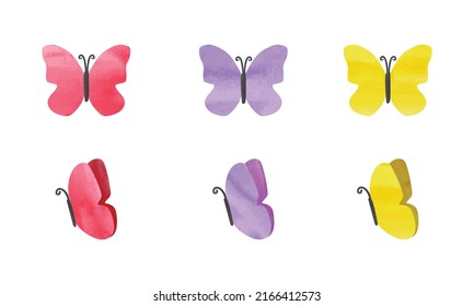 Set of multicolored butterflies watercolor painting isolated on white background. Simple watercolor butterfly hand drawn. Minimalist butterfly clipart drawing. Garden insect handmade cartoon drawing