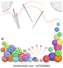 Set of multi-colored buttons for clothes of different sizes, needles and tailor pins. Vector illustration - isolate on a white background.