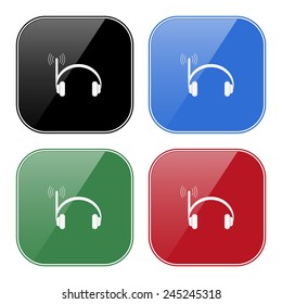 Set of multicolored buttons for mobile applications and web sites, black, blue, green, red. Headphones. Musical accessories running through wi-fi network,  vector illustration, EPS 10