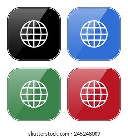 Set of multicolored buttons for mobile applications and web sites, black, blue, green, red.  Globe,  vector illustration, EPS 10