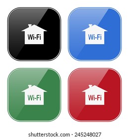 Set of multicolored buttons for mobile applications and web sites, black, blue, green, red.  The house is surrounded by a network wi-fi , vector illustration, EPS 10