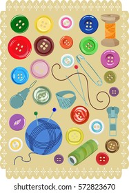 Set of multicolored buttons, needles, pins, thread and thimble. Best suited for decoupage, wrapping paper, fabric, wallpaper textiles