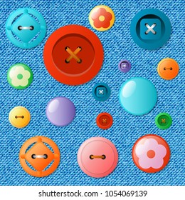 Set of multicolored buttons on a jeans background. Vector illustration