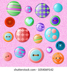 Set of multicolored buttons on a jeans background. Vector illustration