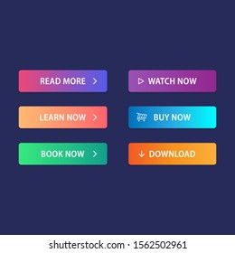 A set of multi-colored buttons using the gradient for websites and social pages. Read more, Learn more, Book now, Watch now, Buy now, Download.
isolated on a dark background.EPS 10