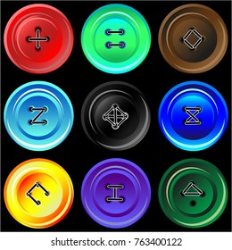A set of multi-colored buttons with a variety of sewing methods.