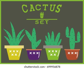 set of multicolored cactus in pots.  Icons, signs and symbols templates for your design