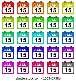 Set of multi-colored calendars on a white background.