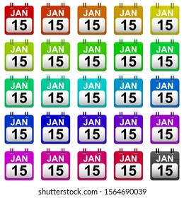 Set of multi-colored calendars on a white background.