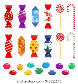 Set of multicolored candies, lollypops and sweets
