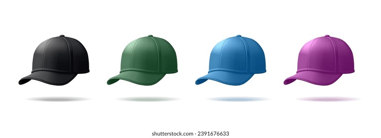 Set of multi-colored caps, baseball caps, 3D. For company branding, sports, lifestyle, sun protection. Vector