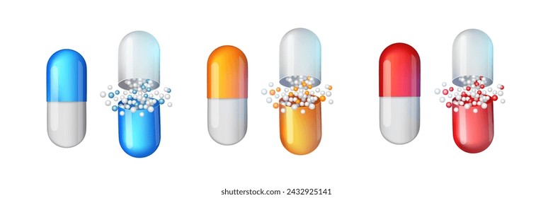 a set of multi-colored capsules on a background. open and closed cassulas for infographics. Painkillers, antibiotics, vitamins, amino acids, minerals, bio active additive, sports nutrition. Icons