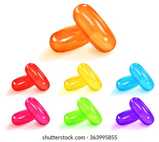 Set of multicolored capsules with shadows on white background