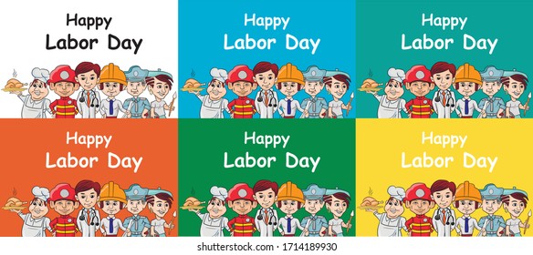 Conjunto de tarjetas multicolores para el Día del Trabajo. Grupo de caricaturistas de diferentes profesiones con la inscripción "Día del Trabajo". Ilustración vectorial.