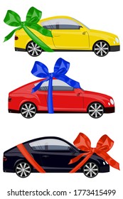 Set of multi-colored cars with big bows - a birthday present or a win in the lottery. Isolated on white.