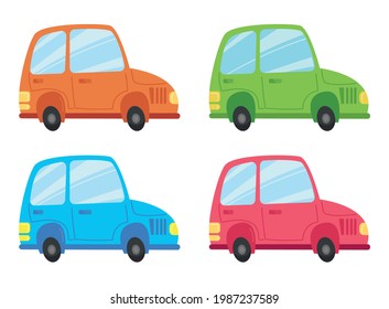 Set of multi-colored cars. Green car, blue, pink and orange. Transport Vector illustration in cartoon children s style. Isolated funny clipart on a white background. Cute print fun