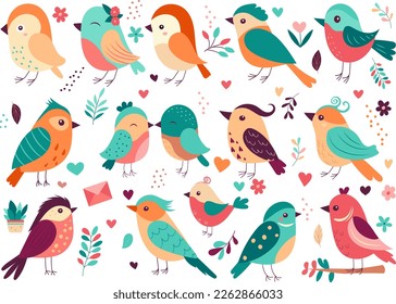 set of multi-colored cartoon birds on a white background, isolated, vector