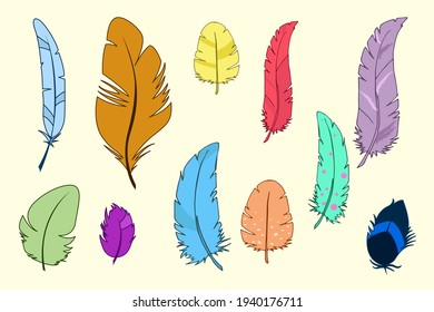 Set of multicolored cartoon feathers. Feathers of tropical birds.