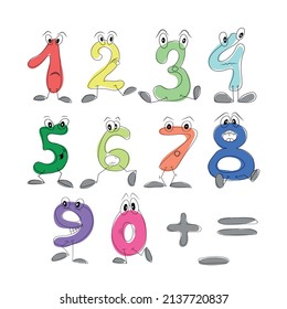 set of multicolored cartoon figures, funny figures for coloring children's design, visual material cartoon numbers with character eyes.