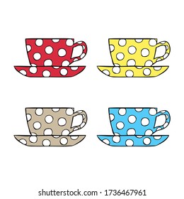 Set of multi-colored cartoon tea cups. Side view. Hand drawn vector graphic illustration. Isolated object on a white background. Isolate.