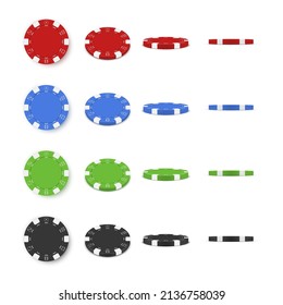 Set multicolored casino chips rounded shape different sides realistic vector illustration. Collection rows 3d flying circle tokens for gambling isolated. Entertainment house roulette, poker, blackjack